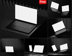 a series of photoshopped laptops with white paper on the top and bottom