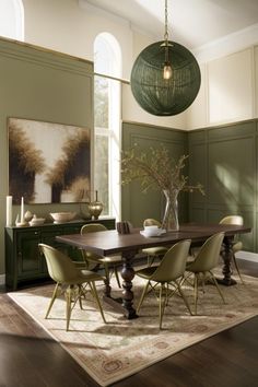 a dining room with green walls and wooden floors