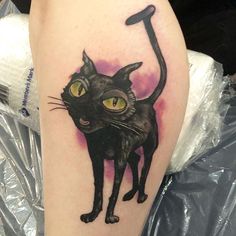 a black cat with yellow eyes is on the leg