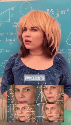 a woman with blonde hair standing in front of a chalkboard