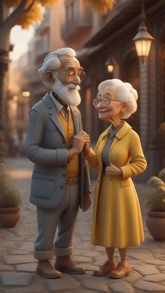 an old man and woman standing next to each other in front of a street light