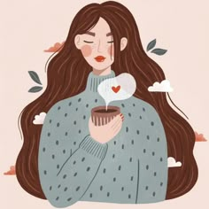 a woman with long hair holding a cup of coffee