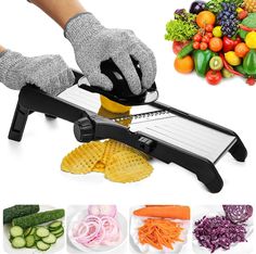 Adjustable Mandoline Slicer: We designed four kinds of slicing blades for customers. One round pieces slicer, slicing from paper thin to 9mm thick. Two julienne shredders - 4.5mm and 9mm which can make WAFFLE FRIES OR RUFFLED POTATO CHIPS. And one potato slicer for french fry chips. This is everything you need in one - with 4 adjustable blades settings with easy thumb dial control. Fried Chips, Potato Waffles, Waffle Fries, French Fry