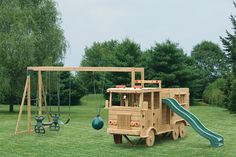 a wooden playset with a slide and swing set