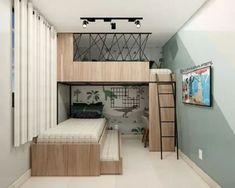 a bedroom with a loft bed and bunk beds