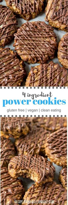 chocolate covered cookies are stacked on top of each other with the words, gluen free vegan clean eating