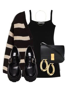 Black And White Cardigan Outfit, Cardigan Outfit, Outfit Black, Black Loafers, Autumn Outfit, Striped Cardigan, Looks Style