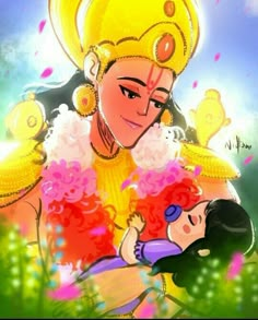 an animated image of a woman holding a child in her arms with flowers around her neck