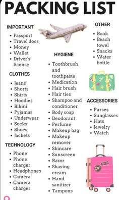 the packing list is shown with luggage and other things to pack in it, including an airplane