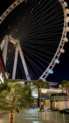 a large ferris wheel in the middle of a city at night with palm trees around it