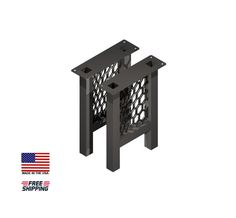 two black metal brackets with american flag on the back and one has an american flag in the background