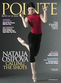 the cover of pointe magazine featuring a woman in red shirt and black leggings