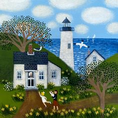 a painting of people playing in the grass near a house with a lighthouse on it