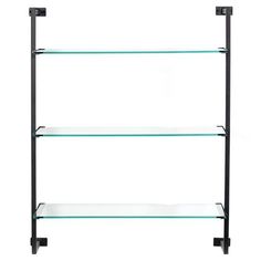 three shelves with glass shelves on each side and black metal brackets at the bottom, against a white background