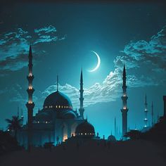 a painting of a mosque with the moon in the background