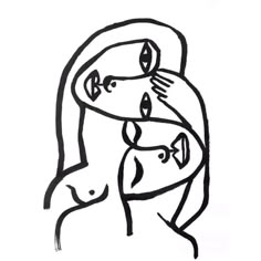 a black and white drawing of a woman holding a child's head with one hand