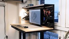 a computer monitor sitting on top of a wooden desk