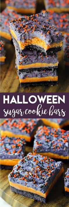 halloween sugar cookie bars with sprinkles and purple frosting on top, stacked together