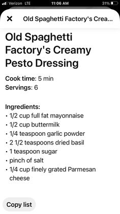 an old spaghetti factory recipe is shown on the iphone screen, with instructions for how to make it
