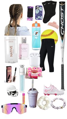 a collage of various items including sunglasses, baseball bat and other things to wear