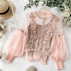 Women's Spring Blossom Sheer Lace Blouse - Wnkrs Lace Clothes, Lantern Sleeve Top, Lace Leggings, Elegant Embroidery, Shirts Women Fashion, Puff Long Sleeves, Shorts Style, Moda Vintage, Elegant Shirt