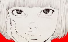 a drawing of a girl with short hair and big eyes holding her hand to her face