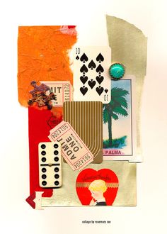 an altered collage with playing cards, dices and other things on it's surface