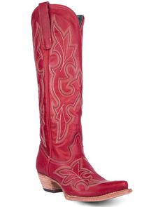 Leather upper. 17" shaft height. 2" heel height. Snip toe. Pull-on style. Western yokes. Single-stitched welt. Western Style Fitted Knee-high Boots With Leather Sole, Western Red Knee-high Boots, Red Western Knee-high Boots, Red Leather Heeled Boots For Rodeo, Red Heeled Boots For Rodeo, Western Red Snip Toe Boots, Western Red Boots With Snip Toe, Red Snip Toe Boots For Western-themed Events, Red Pointed Toe Boots For Western-themed Events