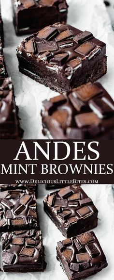 chocolate brownies are stacked on top of each other with the words, andes mini brownies