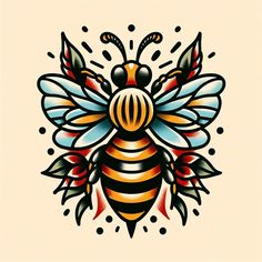 a drawing of a bee with leaves and dots on it's back side is shown