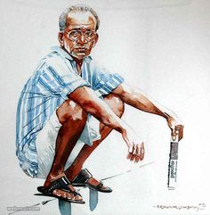 a drawing of a man sitting on top of a white wall with his legs crossed