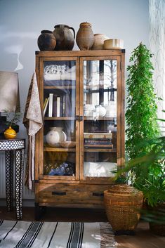 a wooden cabinet with glass doors and shelves filled with books, vases and other items