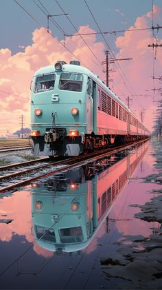 a blue train traveling down tracks next to power lines and clouds in the sky at sunset