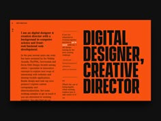 an orange and black brochure with the words digital designer, creative director on it