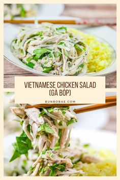 vietnamese chicken salad with vegetables and rice on a white plate in front of the words vietnamese chicken salad iga bop