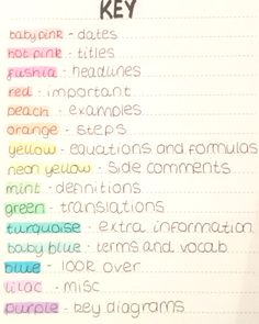 the words are written in different colors on a piece of paper that says, key