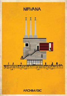 a minimalist poster with the words nirvana in black and red on yellow background, featuring people walking up stairs to an industrial building