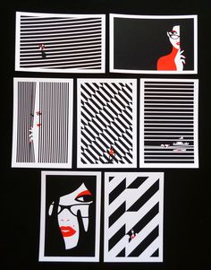 four black and white pictures with red lines on them, each depicting a woman's face