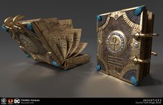 an open book with intricate designs on the pages is shown in gold and blue colors