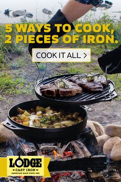 a man cooking food on top of a grill with the words 5 ways to cook 2 pieces of iron cook it all