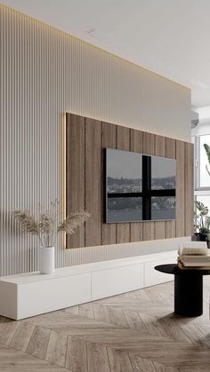 modern living room with wood paneling and white walls