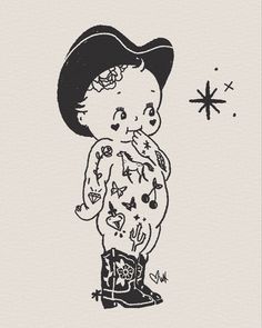 a black and white drawing of a boy in cowboy boots with stars on the background