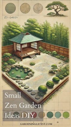 small garden design ideas diy with pictures on the wall and in the center, there is a gazebo surrounded by trees