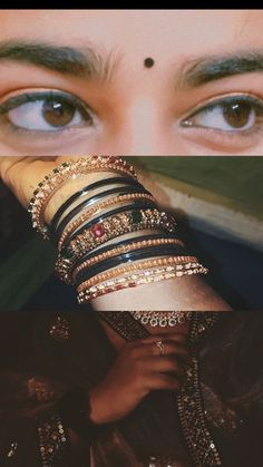 an image of a woman's eyes with bracelets on her arm and in front of her face