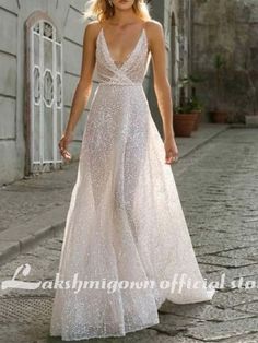 NumberSea - NumberSea A - Line Wedding Dresses V Neck Spaghetti Strap Boho Berta Wedding, Ivory Bridal Gown, Berta Wedding Dress, Sparkly Wedding Dress, Dazzling Dress, Wedding Dress Sequin, Dresses Fall, Sparkly Wedding, Wedding Dresses 2020