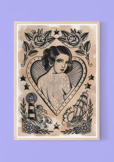 a tattoo art print with an image of a woman's face and tattoos on it