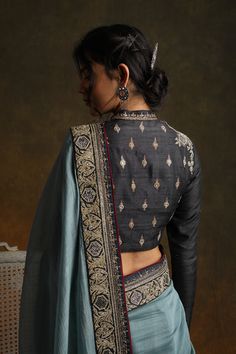 Anju Modi - Indian Fashion Designer – www.anjumodi.com Embroidered Saree Blouse, Chanderi Saree, Trendy Blouse, Trendy Blouse Designs, Trendy Blouses, Indian Fashion Designers, South Asia, Desi Fashion, Blue Silk