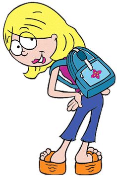 a cartoon girl with a backpack looking down