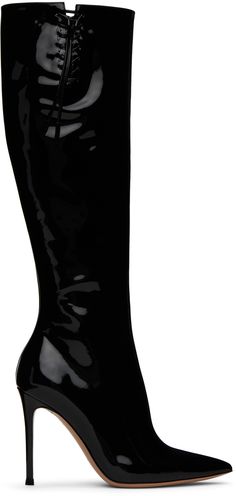 Handcrafted knee-high patent calfskin boots in black. · Pointed toe · Lace-up detailing at outer side · Zip closure at inner side · Buffed calfskin lining · Covered stiletto heel with rubber injection · Leather sole · Heel: H4 in Supplier color: Black Paul Core, High Knee Boots, Statement Boots, Pointy Boots, Shoes Heels Classy, Knee High Heels, Black Heel Boots, Favorite Boots, Boots Heels