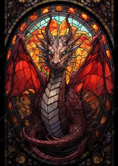 a stained glass window with a dragon on it